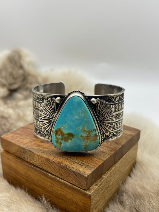 Triangle Stone Kingman Turquoise Stamped Cuff by Sunshine Reeves, Navajo