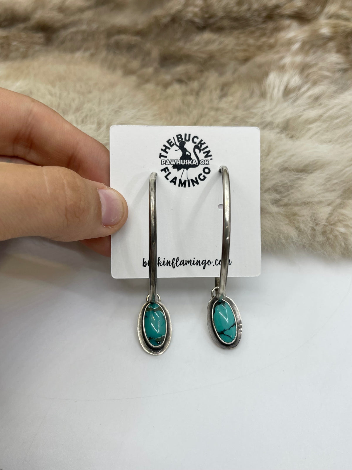 Silver Hoop with Turquoise Stone Earrings by Christina Jackson, Navajo
