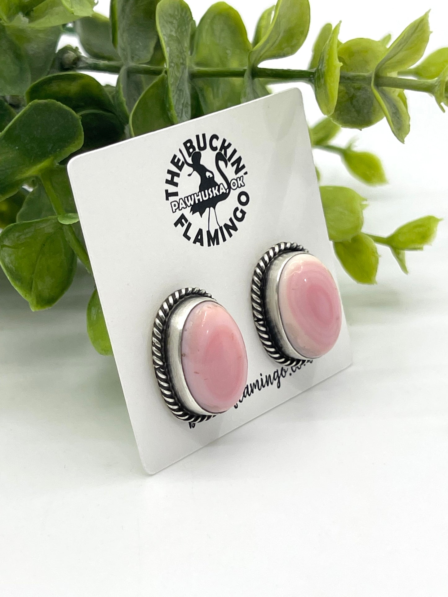 Oval Pink Conch Shell Top Post Earrings by Trish Largo, Navajo