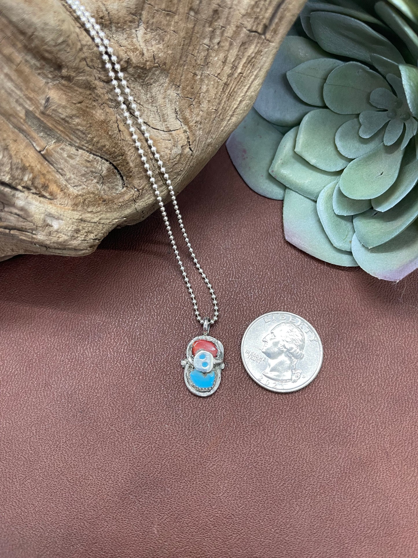 Red Coral and Turquoise Snake Pendant Necklace by Gayle Calabeza, Zuni