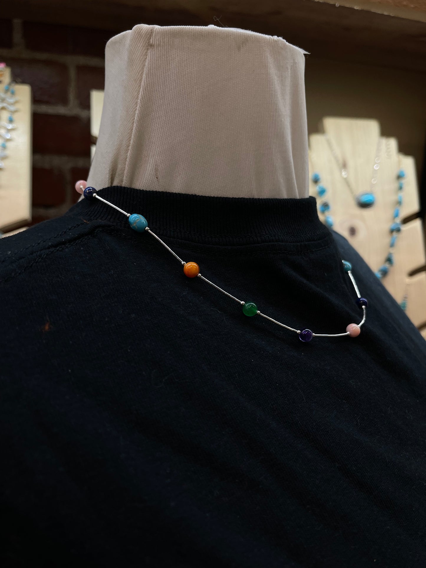 18" Multi Stone Rainbow Necklace and Liquid Silver