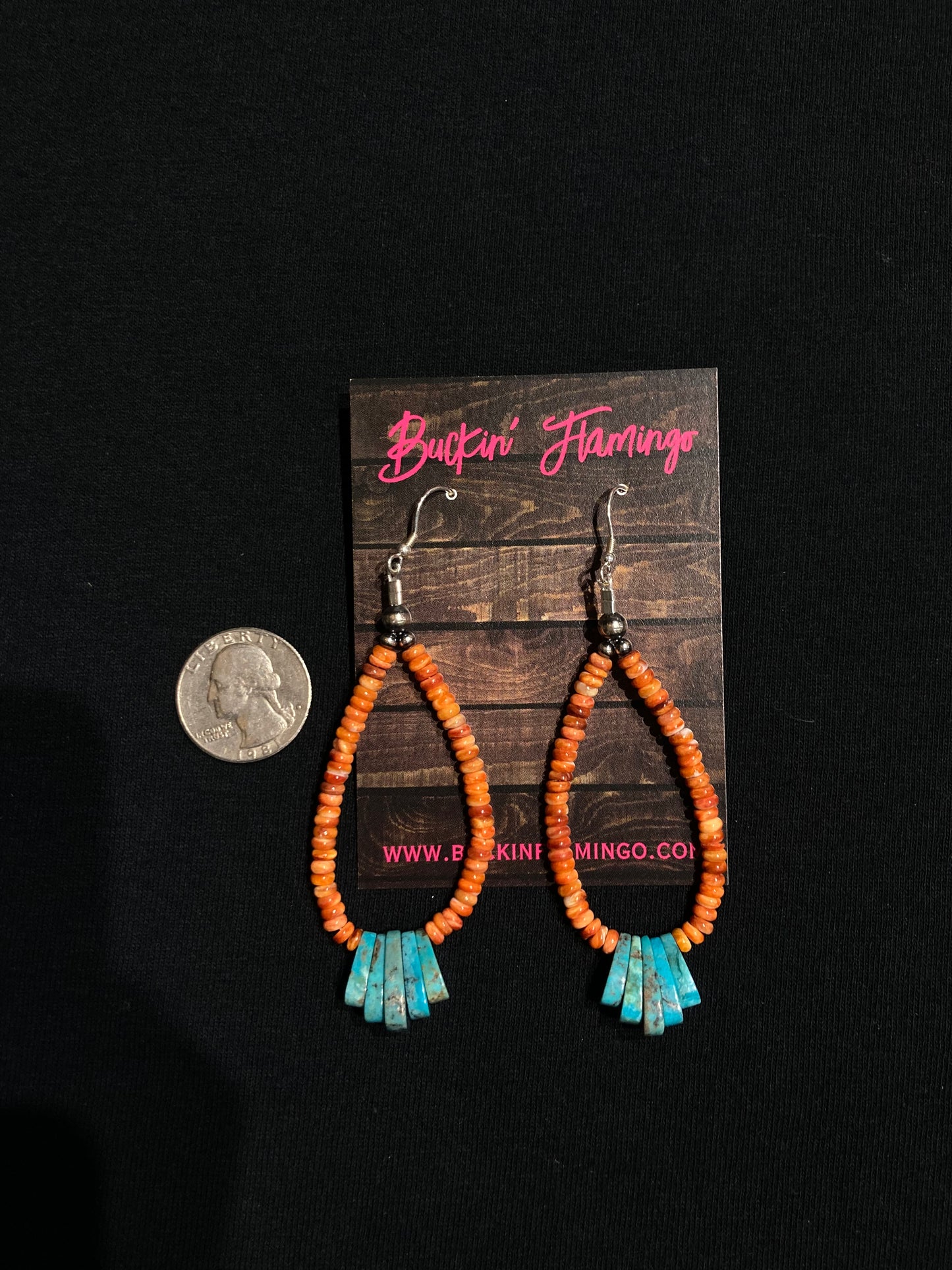 Orange Spiny Oyster Shell and Turquoise Teardrop Dangle Earrings