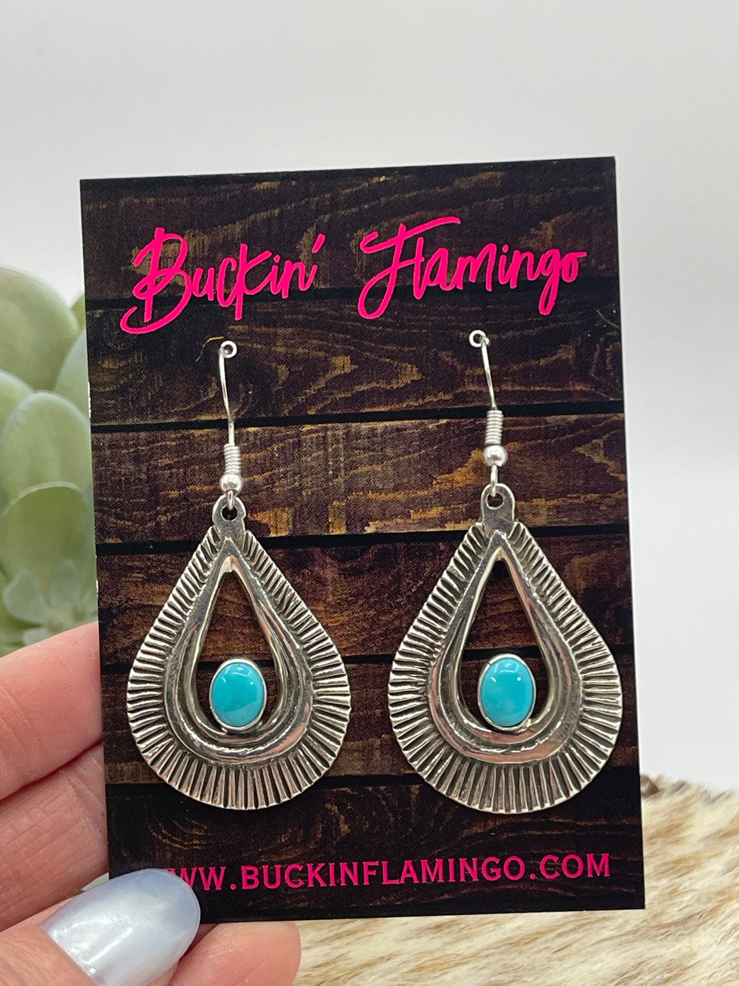 LOT 62 A 1/4 Stamped Teardrop Earrings with Turquoise