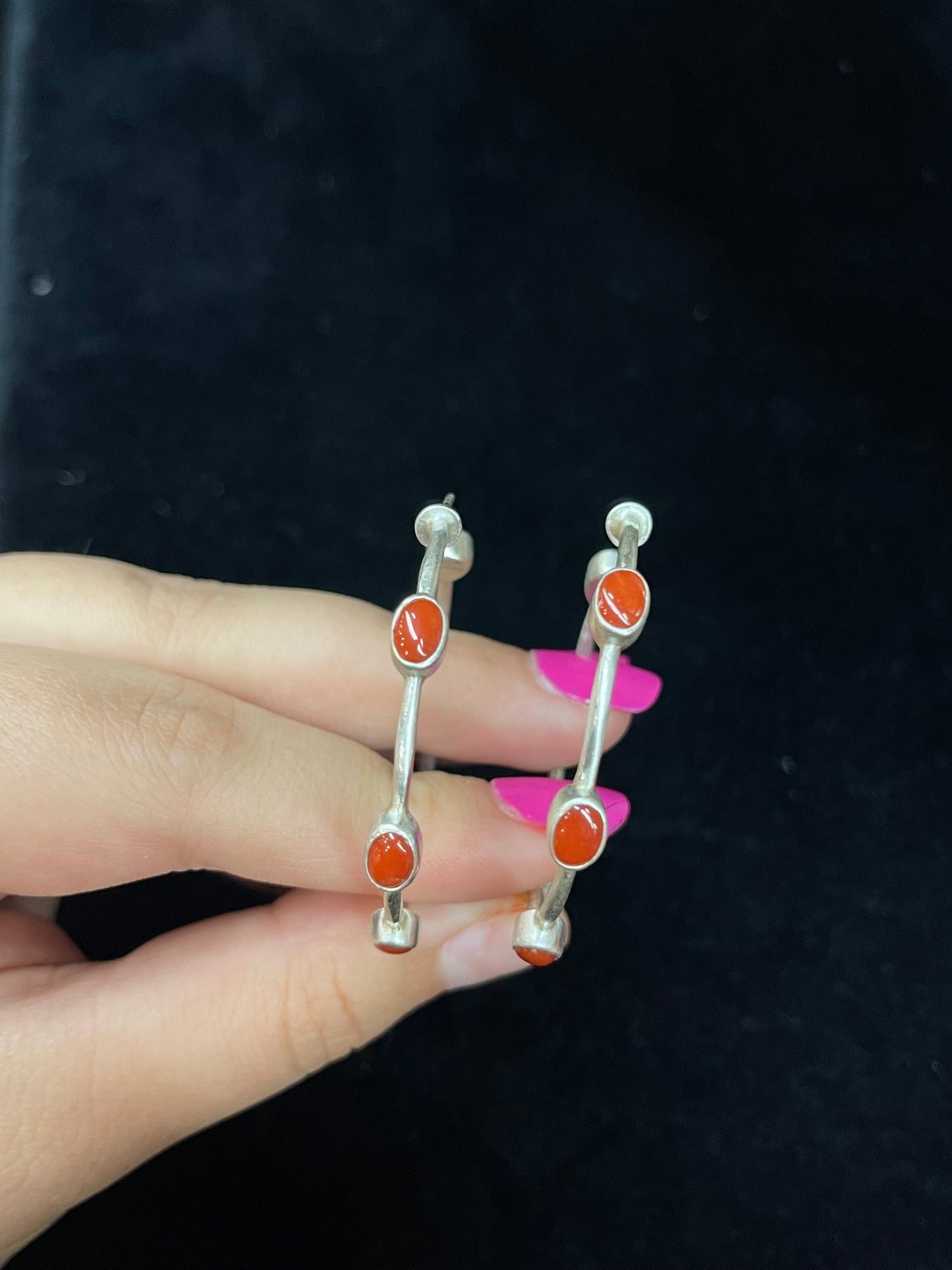 Post Hoop Earrings with Coral Stones