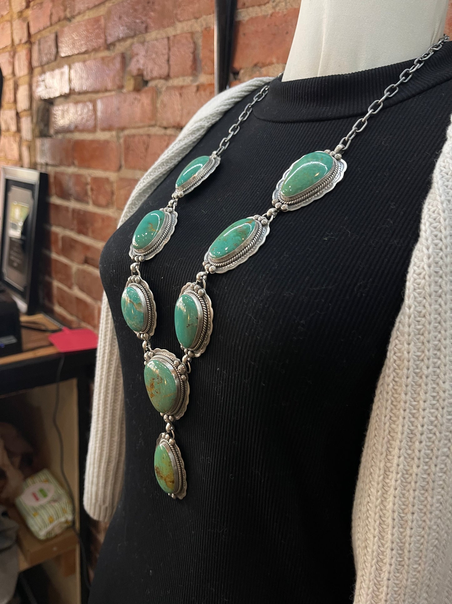 28"+4" Cripple Creek Turquoise Lariat Necklace by Gilbert Platero, Navajo