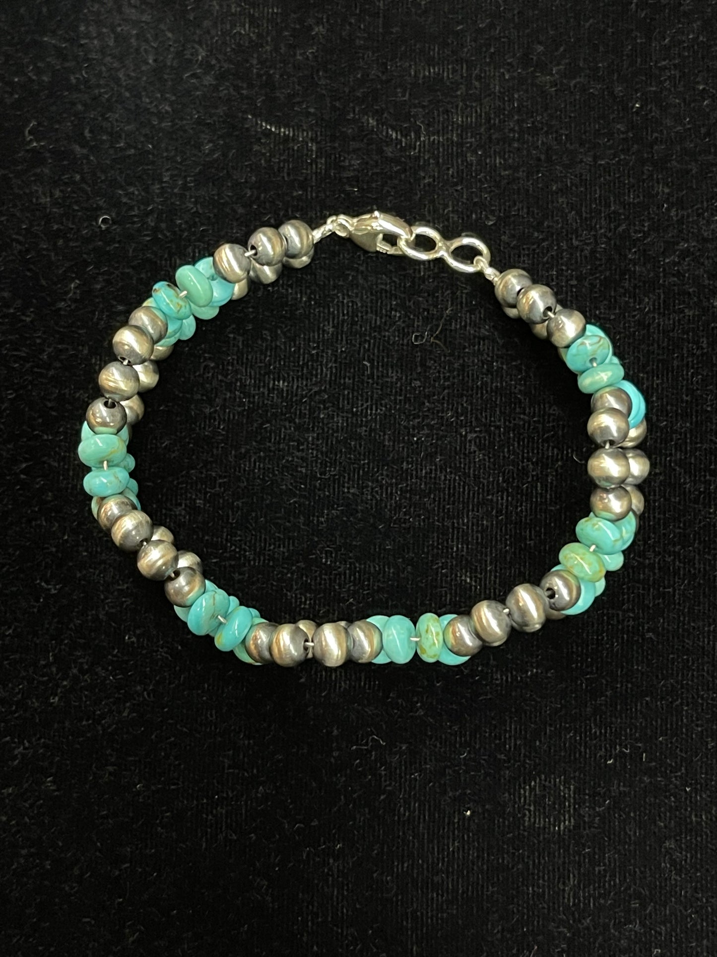 7 1/4" 5mm Silver Pearls with Turquoise  Bracelet