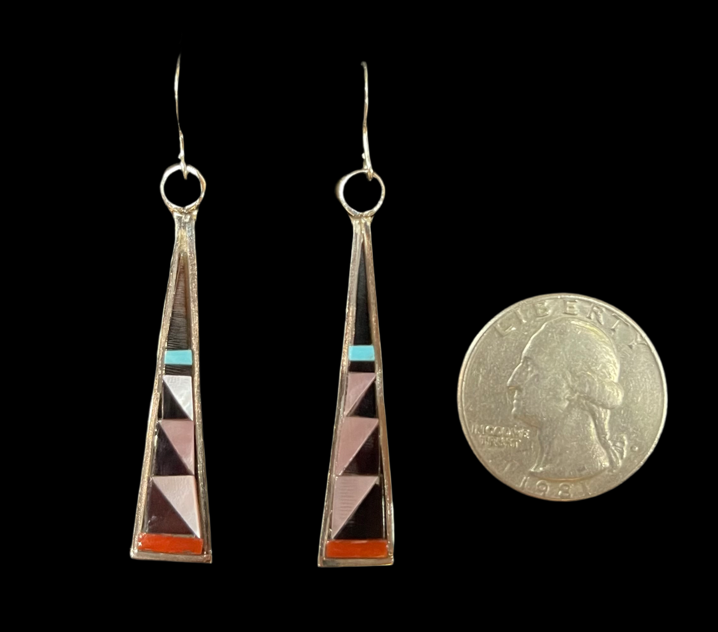 Multi-Stone Triangle Inlay Dangle Earrings by Tammie Qualo, Zuni