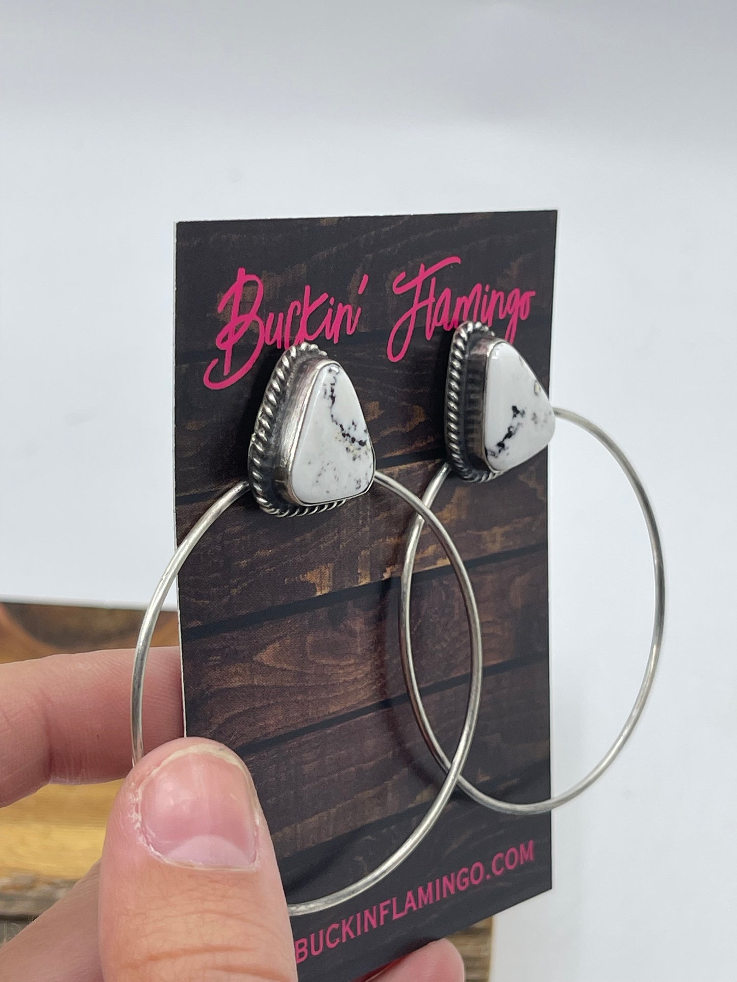 White Buffalo Triangle Post Hoop Earrings by Elouise Kee, Navajo