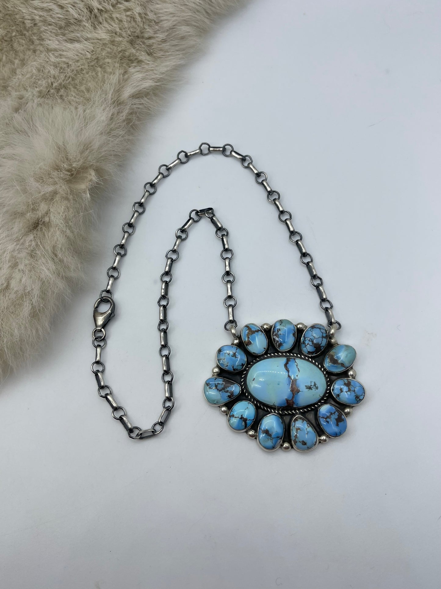 17" Golden Hills Turquoise Cluster Necklace by Geraldine James, Navajo