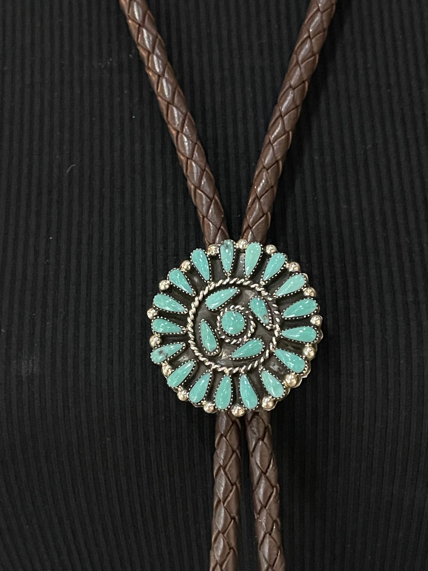 Turquoise Cluster Bolo Tie with a Brown Leather Chord