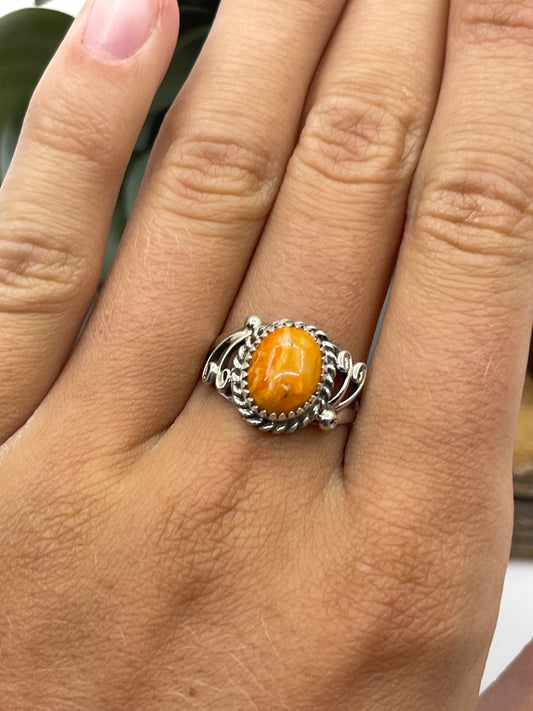 6.0 Orange Spiny Oyster Shell Oval Ring, Navajo Made