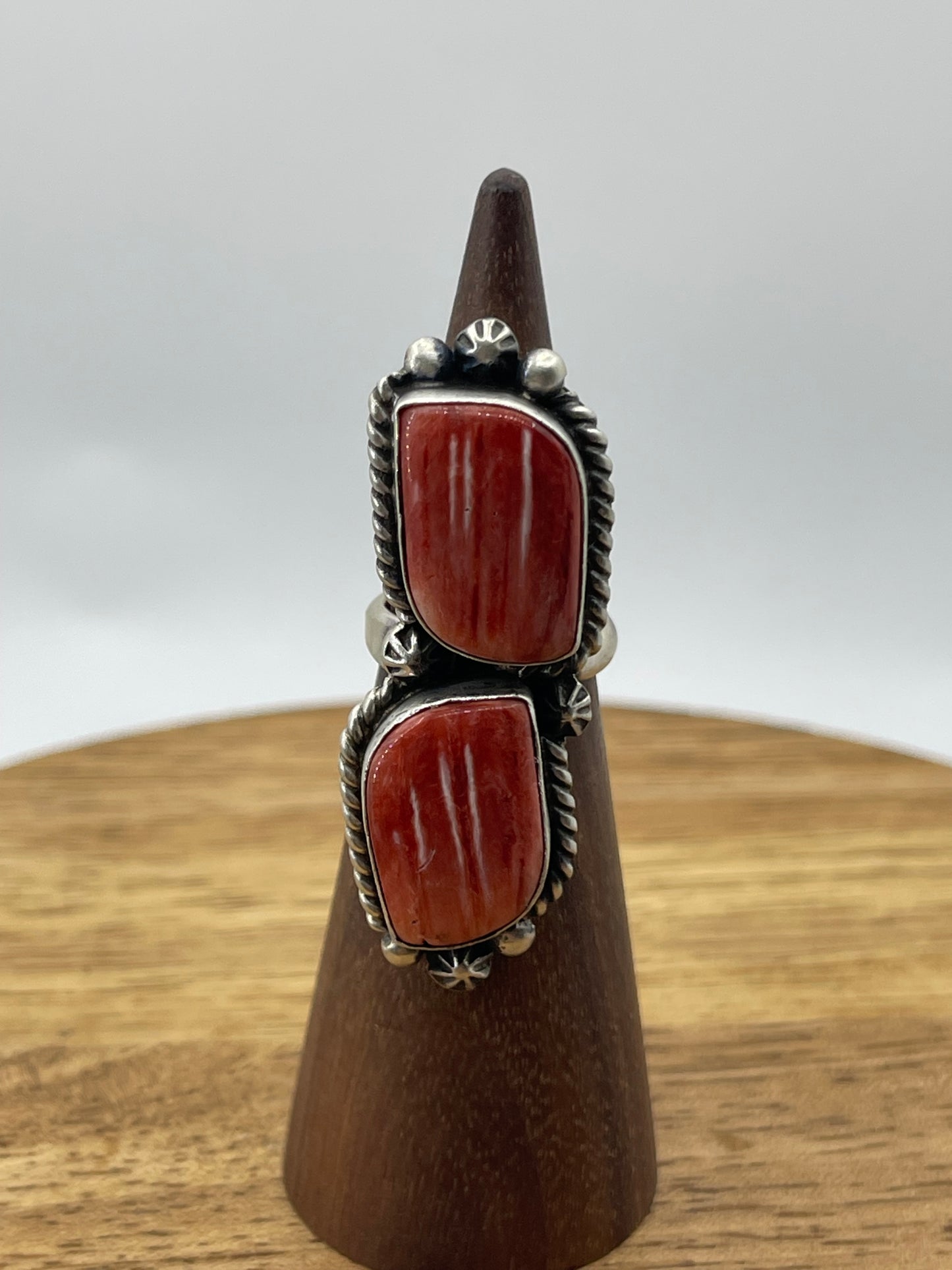 LOT 26 A 1/11 Adjustable 2 Stone Red Spiny Oyster Shell ring by Eugene Belone, Navajo