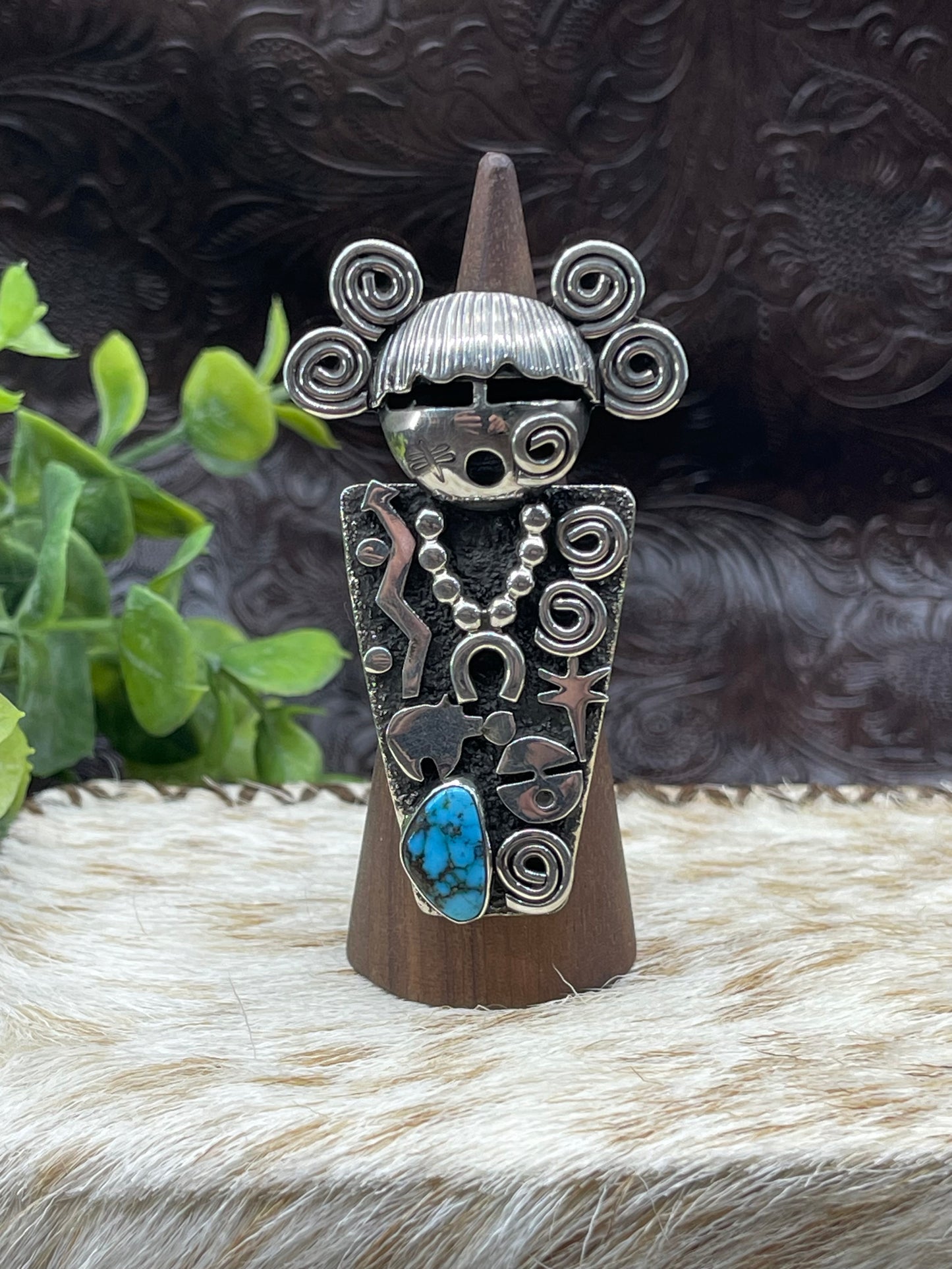 9.0 Maiden Face Ring with Kingman Web Turquoise Stone by Alex Sanchez, Navajo