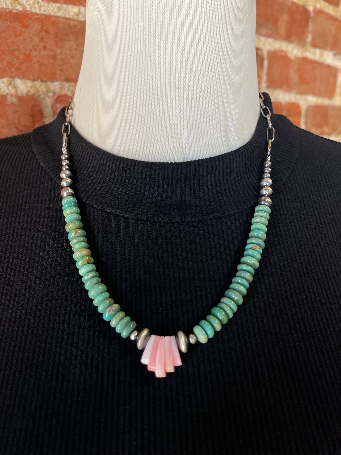 20" Emerald Valley Turquoise and Pink Conch Shell Necklace by Tammy Nolcott, Navajo