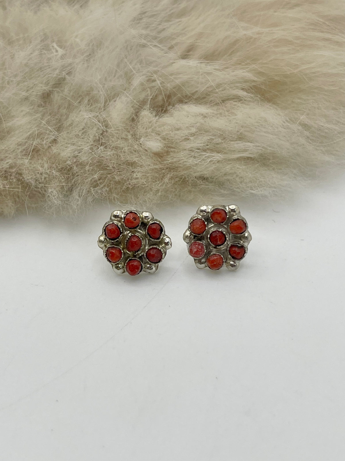 Red Coral Cluster Earrings by Gilbert Weebothee, Zuni
