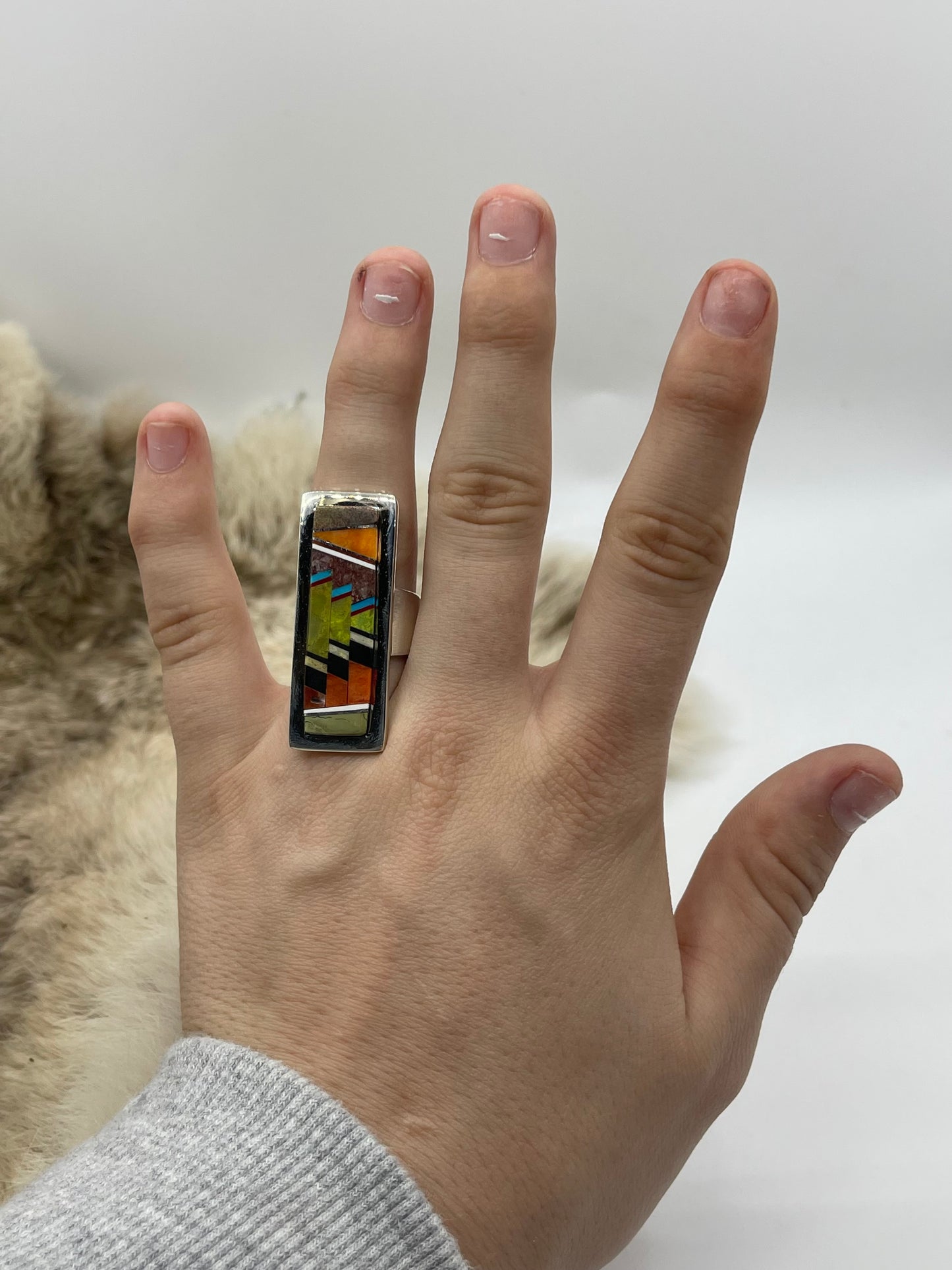 9.0 Rectangle Amazing Inlay Ring by Marie Jackson, Navajo