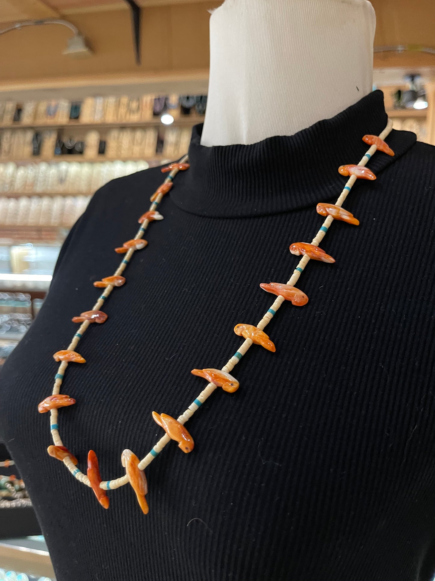 28" Orange Spiny, Melon Shell, and Turquoise Fetish Necklace by Neil Thomas, Santo Domingo