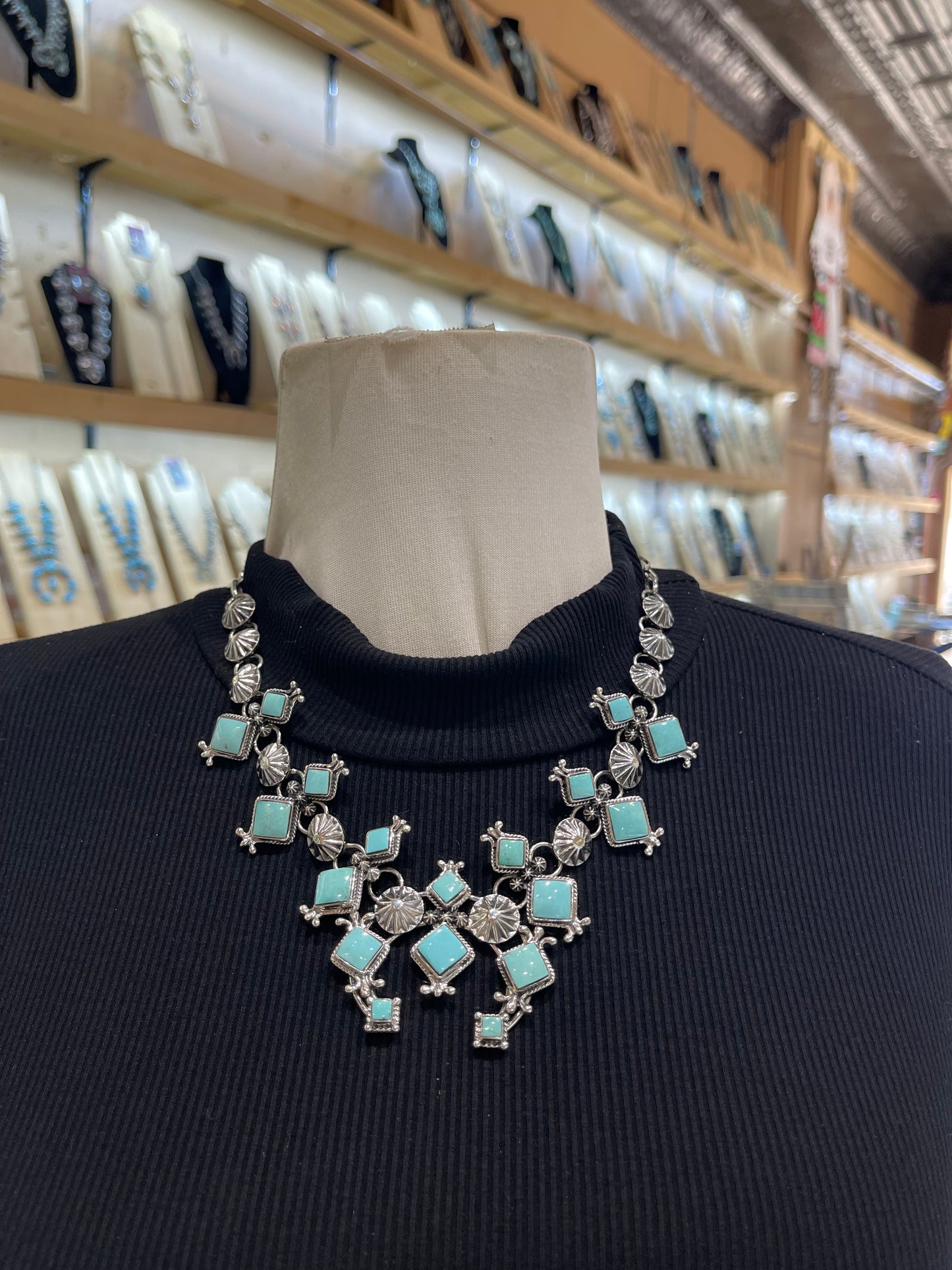 18" Turquoise & Concho Squash Blossom by Sarah Yazzie, Navajo