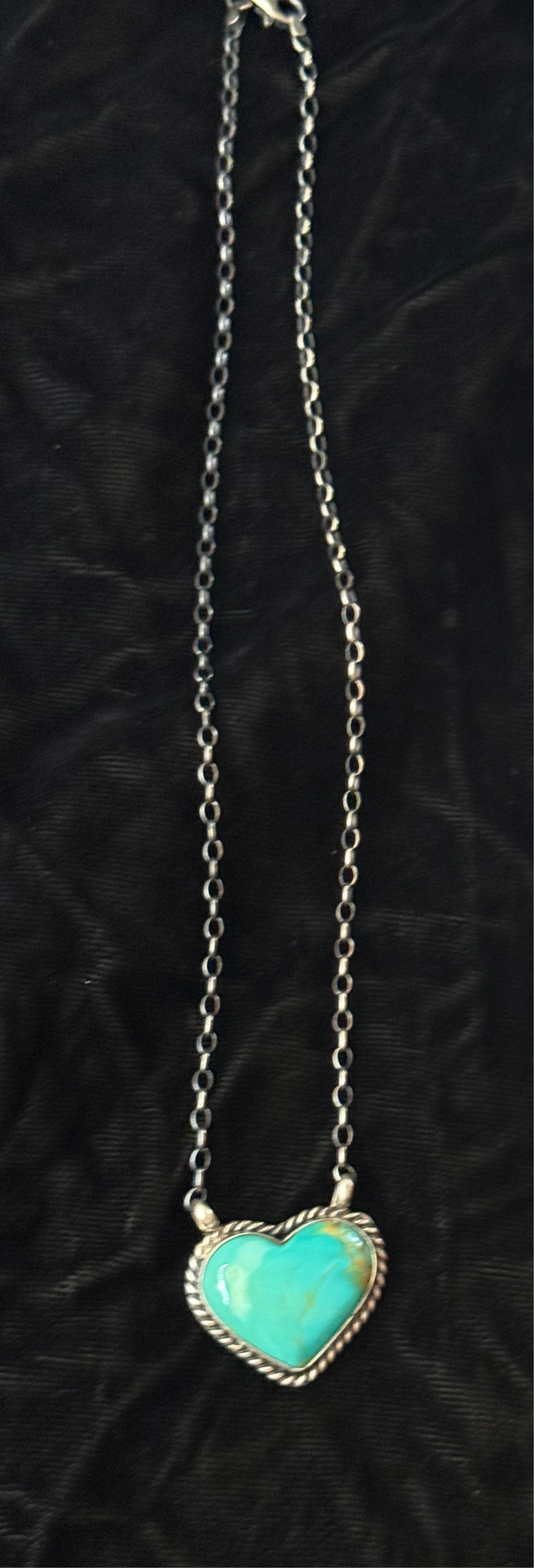16" Kingman Turquoise Heart Necklace by Donovan Skeet, Navajo