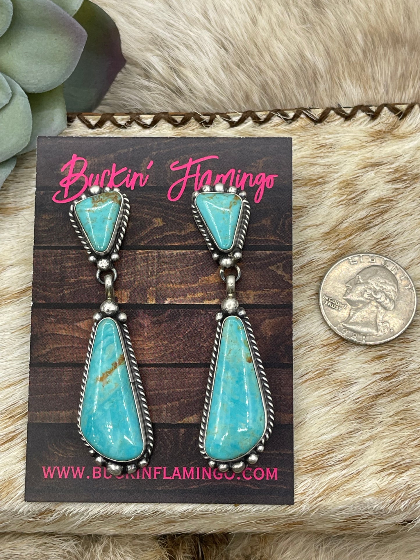 2 Stone Kingman Turquoise Drop Post Dangle Earrings by Elouise Kee, Navajo