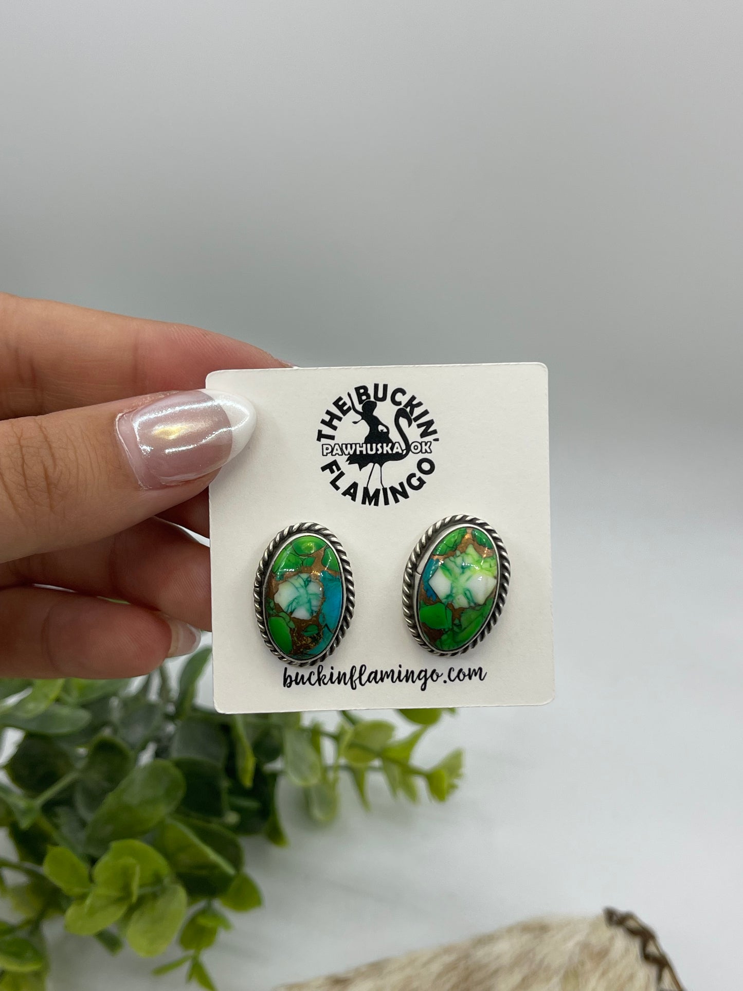 Peacock Dahlia Oval Post Earrings by Chassity Belone, Navajo