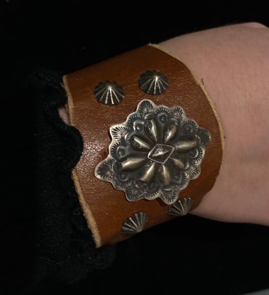5 1/2"-8 1/2" Leather Bracelet with Sterling Silver Conchos by Danny Martinez, Navajo