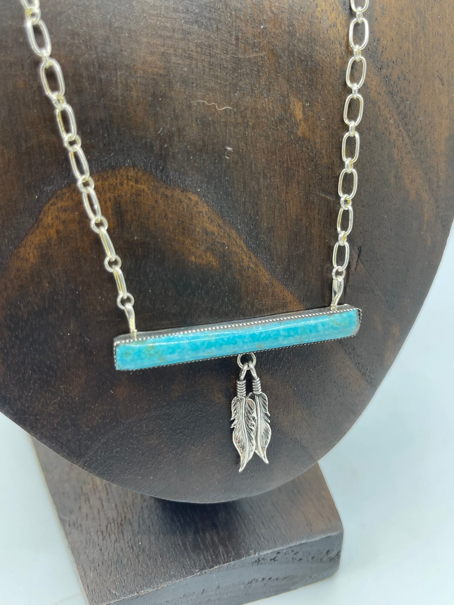 18" Turquoise Bar Necklace with Feathers by Angie Platero, Navajo
