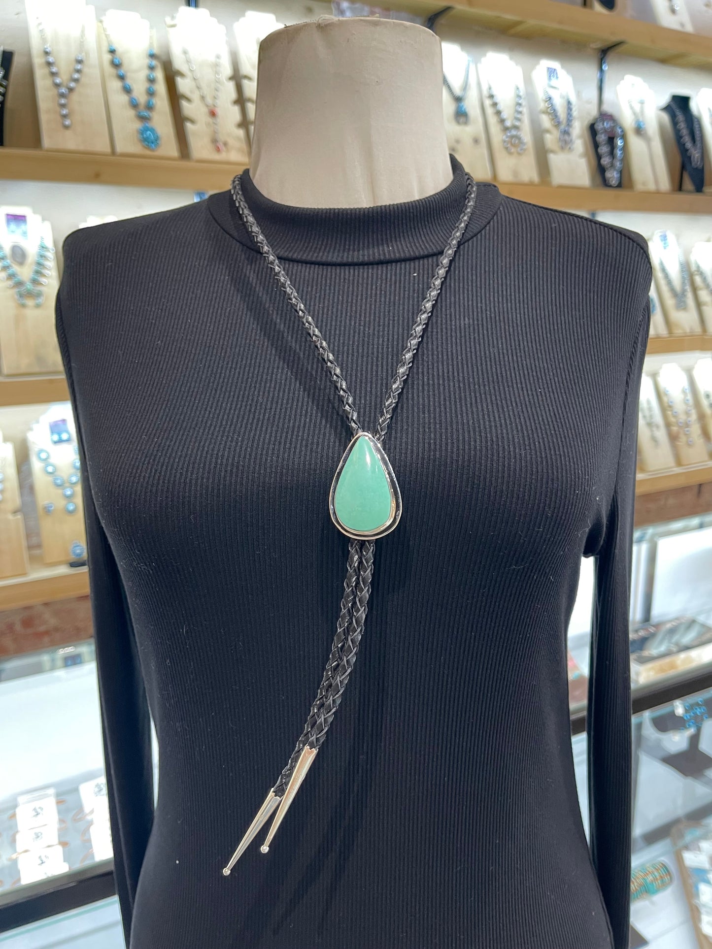 Kingman Turquoise Bolo Tie by Marie Jackson, Navajo