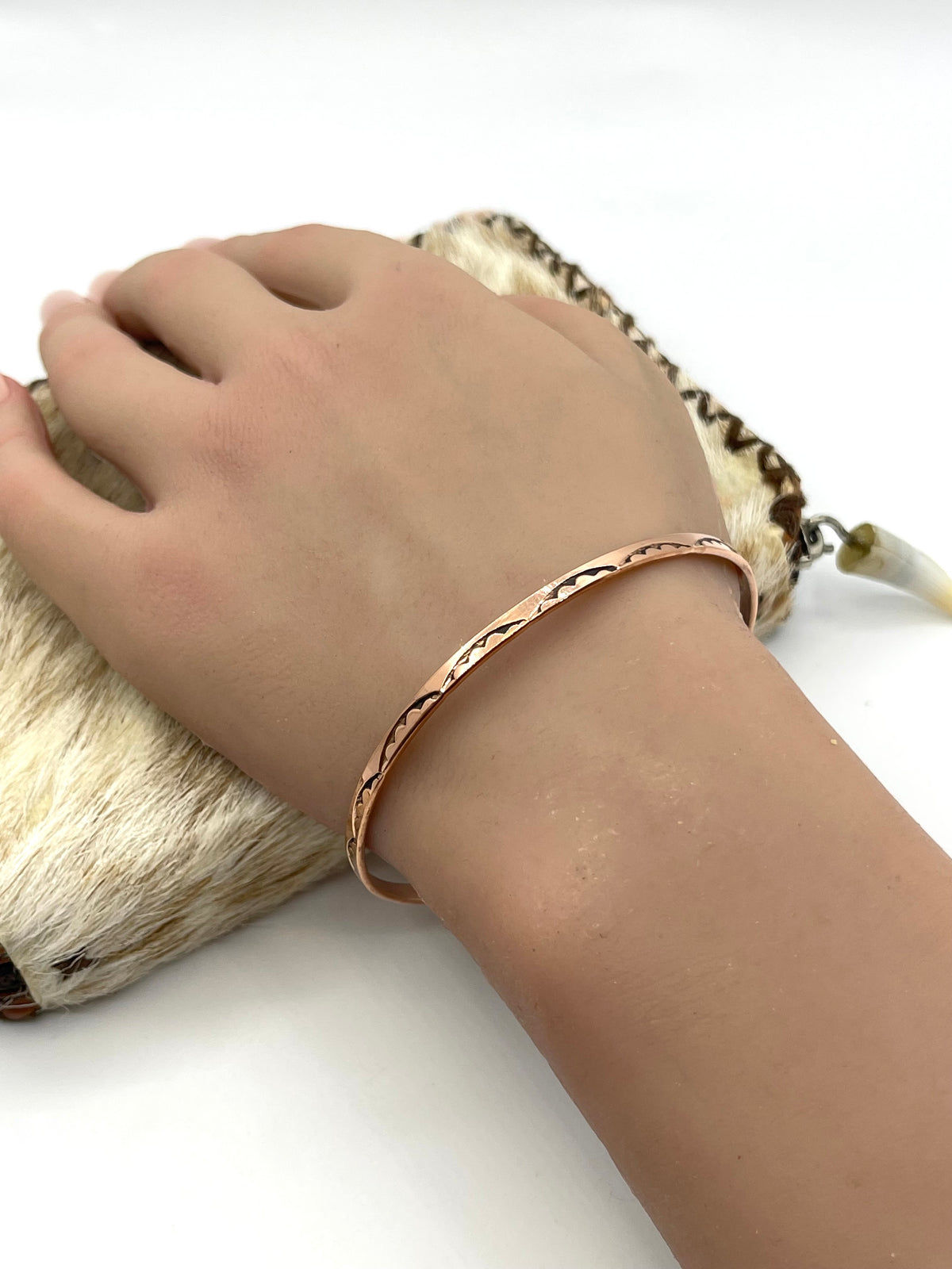 8" Stamped Flat Wire Copper Bangle Bracelet by Elaine Tahe, Navajo