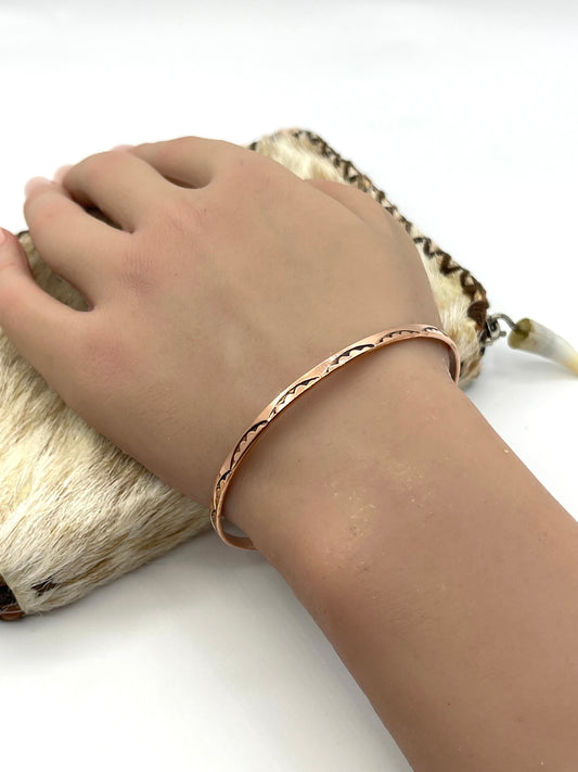 8" Stamped Flat Wire Copper Bangle Bracelet by Elaine Tahe, Navajo