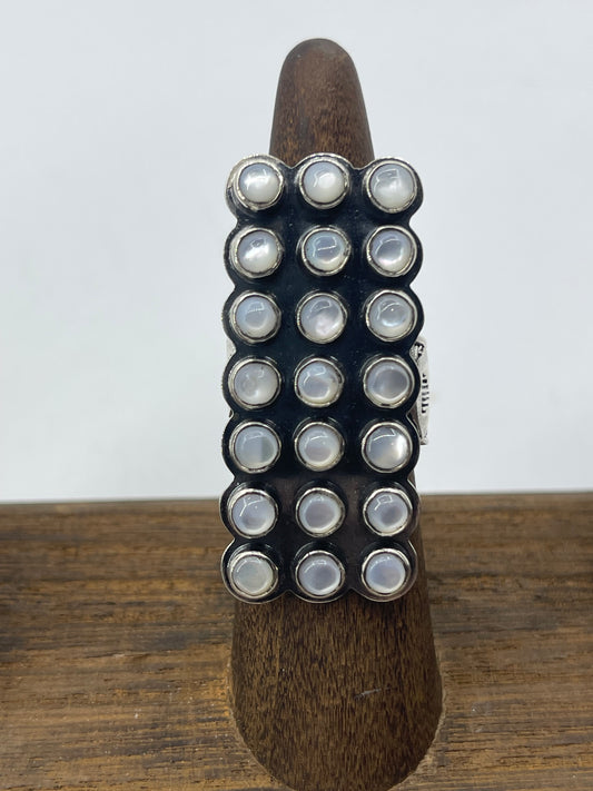 7 Row, 21 Stone White Mother of Pearl Adjustable Ring