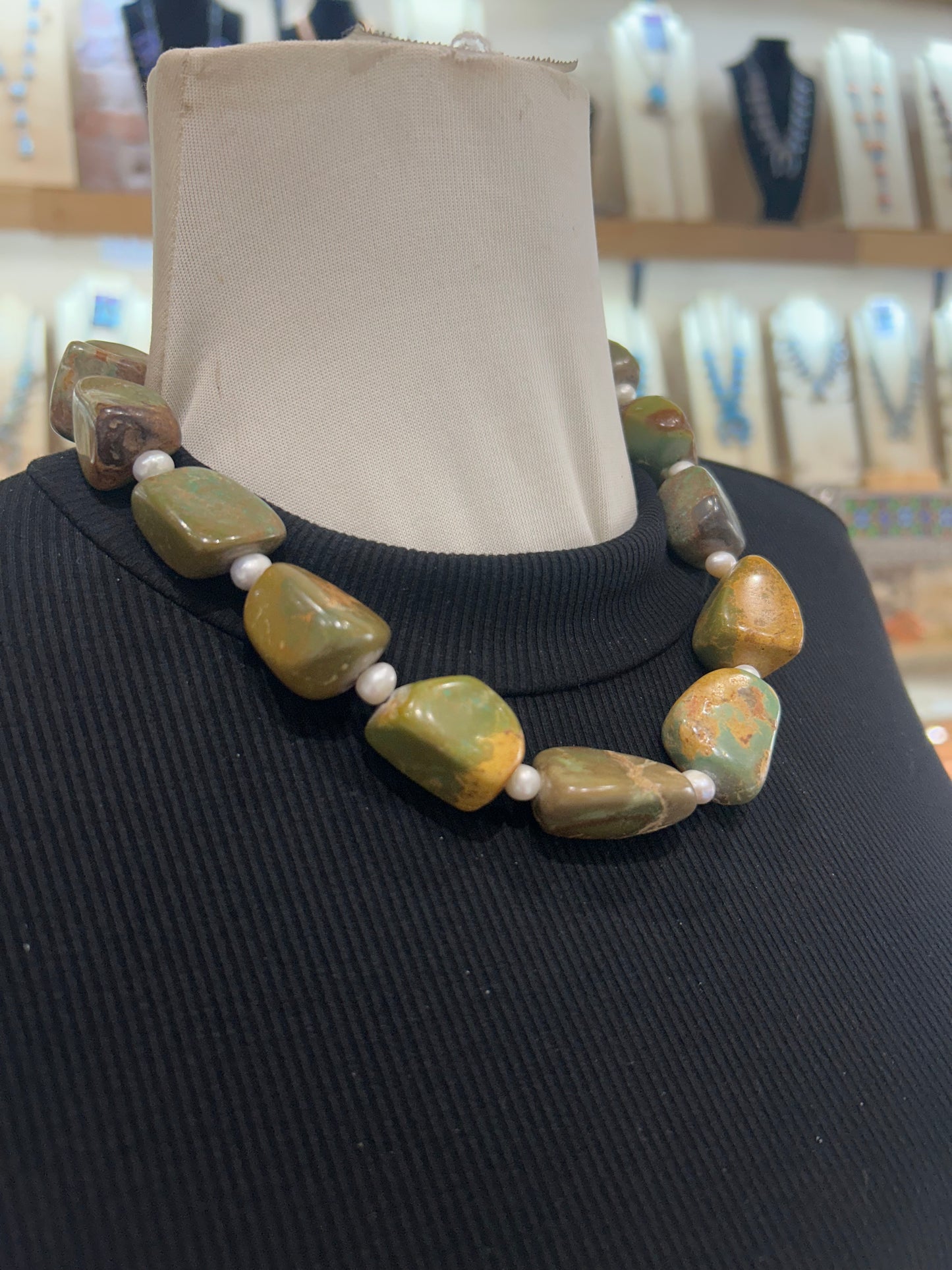 19" Chunky Royston Turquoise Nugget with Fresh Water Pearl Necklace