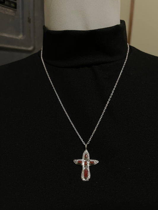 20" Red Coral Cross Necklace by Verona Quam and Cecelia Iule, Zuni