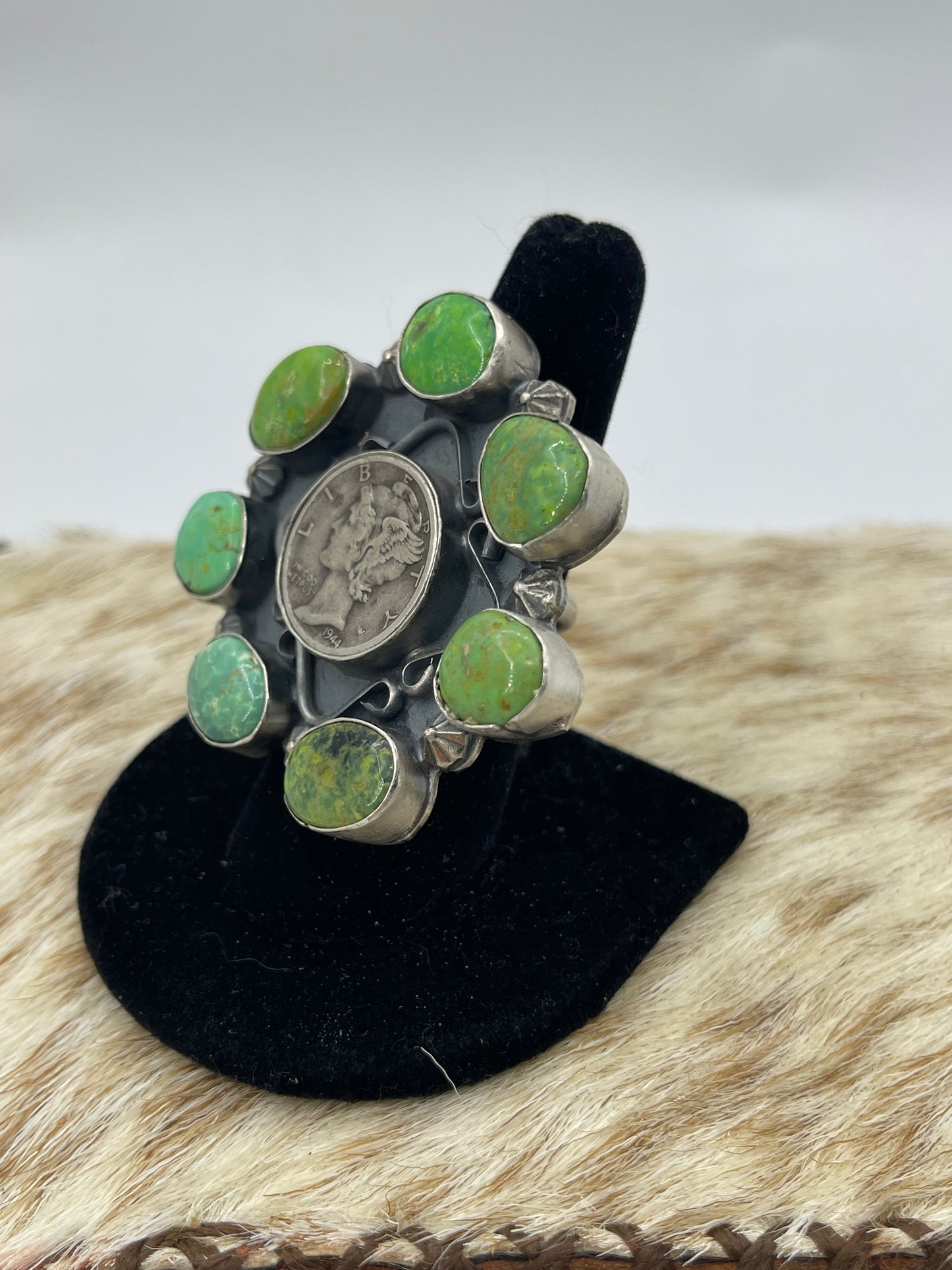 1944 Silver Dimes and Sonoran Gold Cluster by Phil Nez, Navajo, Size 7.5