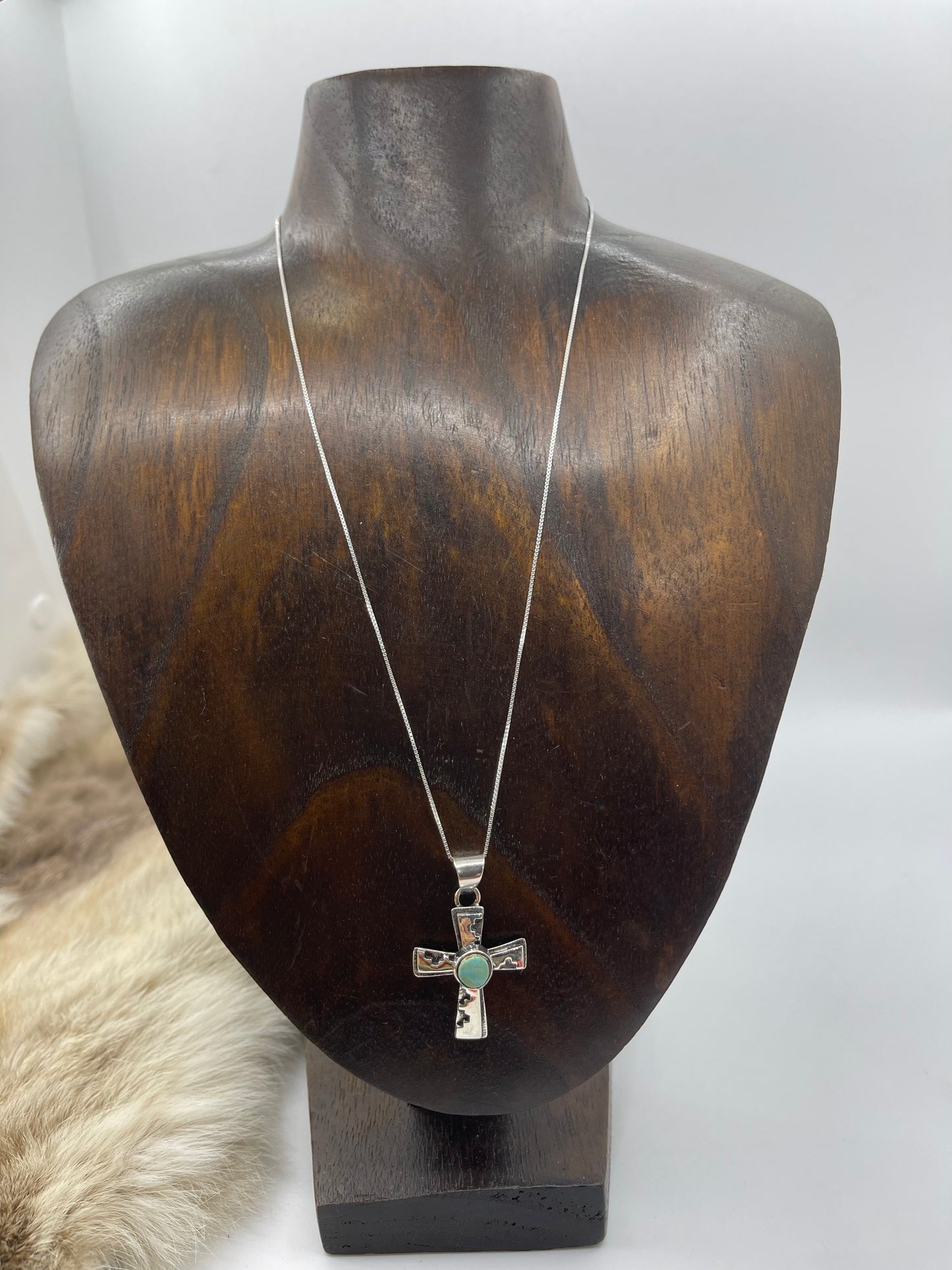 18" Silver Overlay Cross with Design & Turquoise, Navajo Made