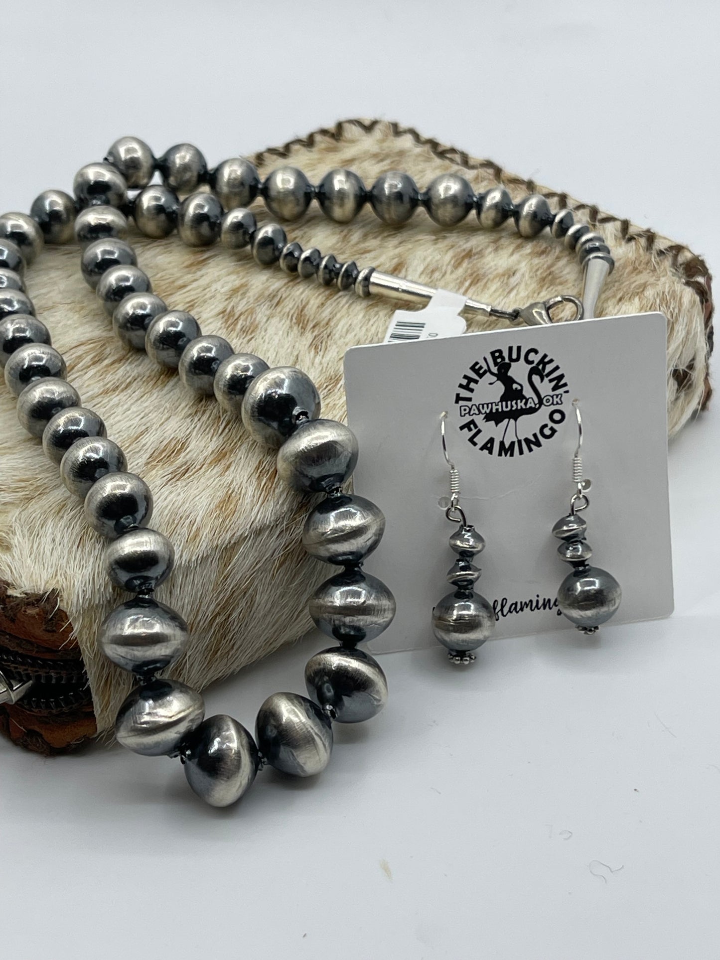 20" 6mm-13mm Handmade Navajo Pearls Necklace and Earrings Set by Treva Jim, Navajo