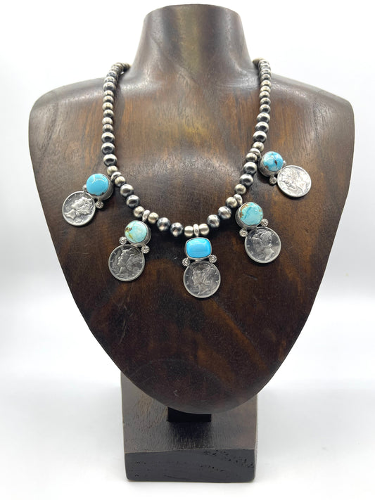 16" + 3" Ext. Silver Mercury Dimes & Golden Hills Turquoise by Jeff Largo, Navajo