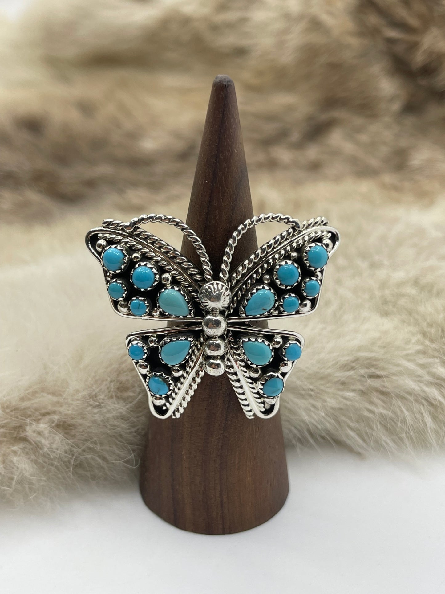 Adjustable 7.0 - 9.0 Turquoise Butterfly Ring by Tina Jones, Navajo