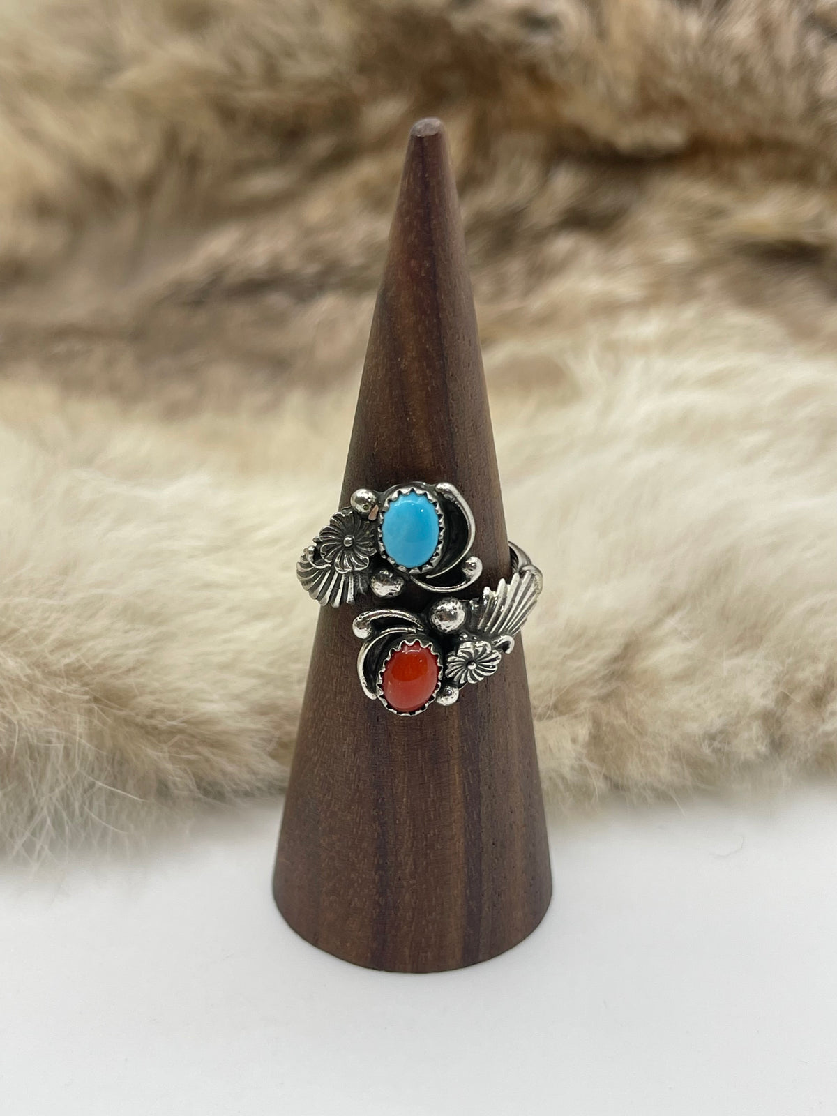8.0 Semi-Adjustable Red Coral & Turquoise Ring by Ella Belin, Navajo