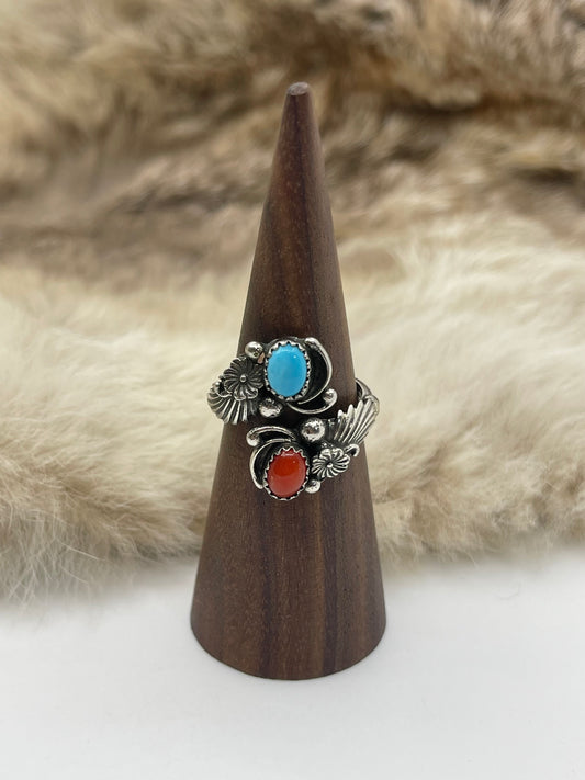9.0 Semi-Adjustable Red Coral & Turquoise Ring by Ella Belin, Navajo