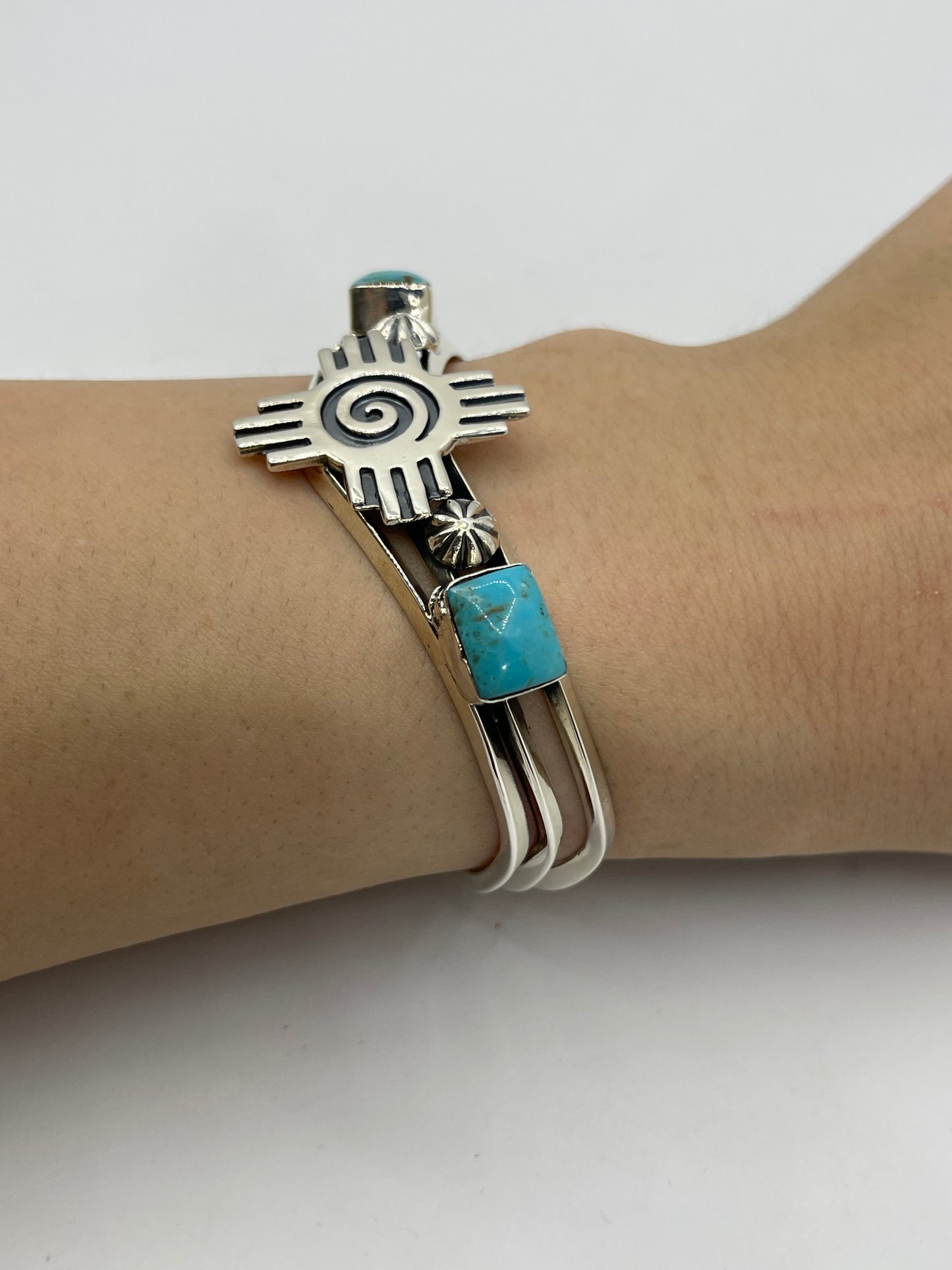 6”-6.5” 2 Stone Turquoise with Zia Symbol Cuff by Mike Smith, Navajo