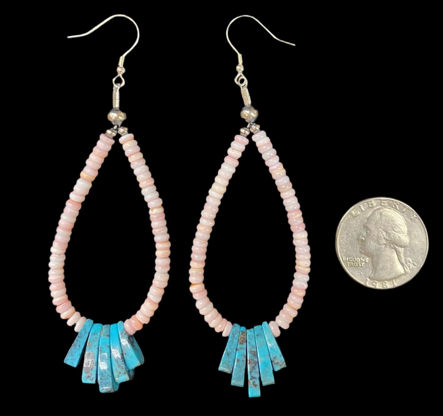 Pink Conch Shell and Turquoise Tear Drop Dangle Earrings