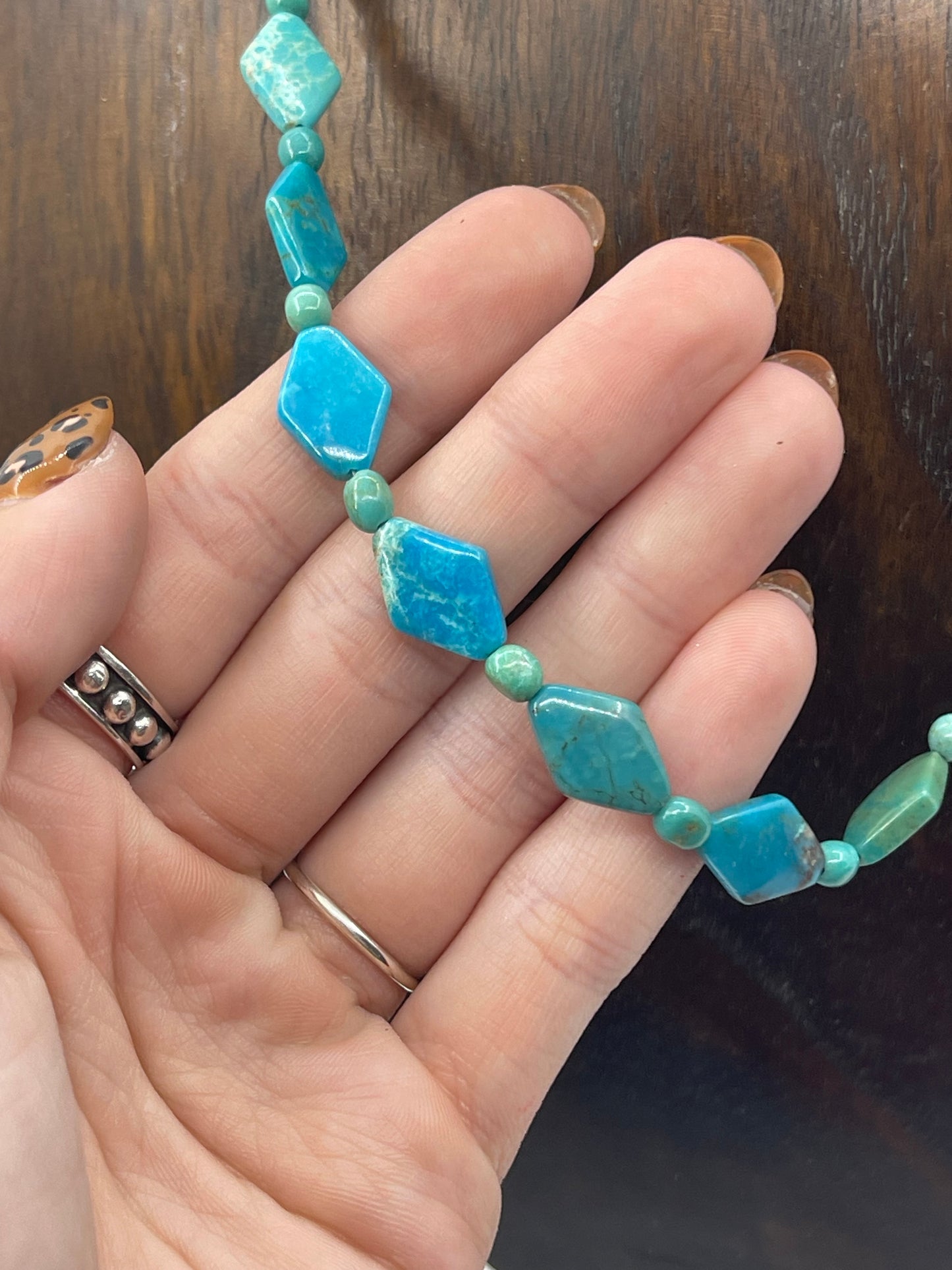 17" Kingman Turquoise Shaped Beaded Necklace by Tammy Nolcott, Navajo