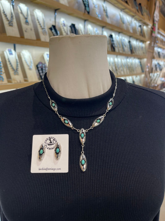 18" + 2.5" Drop Shadowbox Turquoise Lariat Necklace & Earring Set by Felix Perry, Navajo