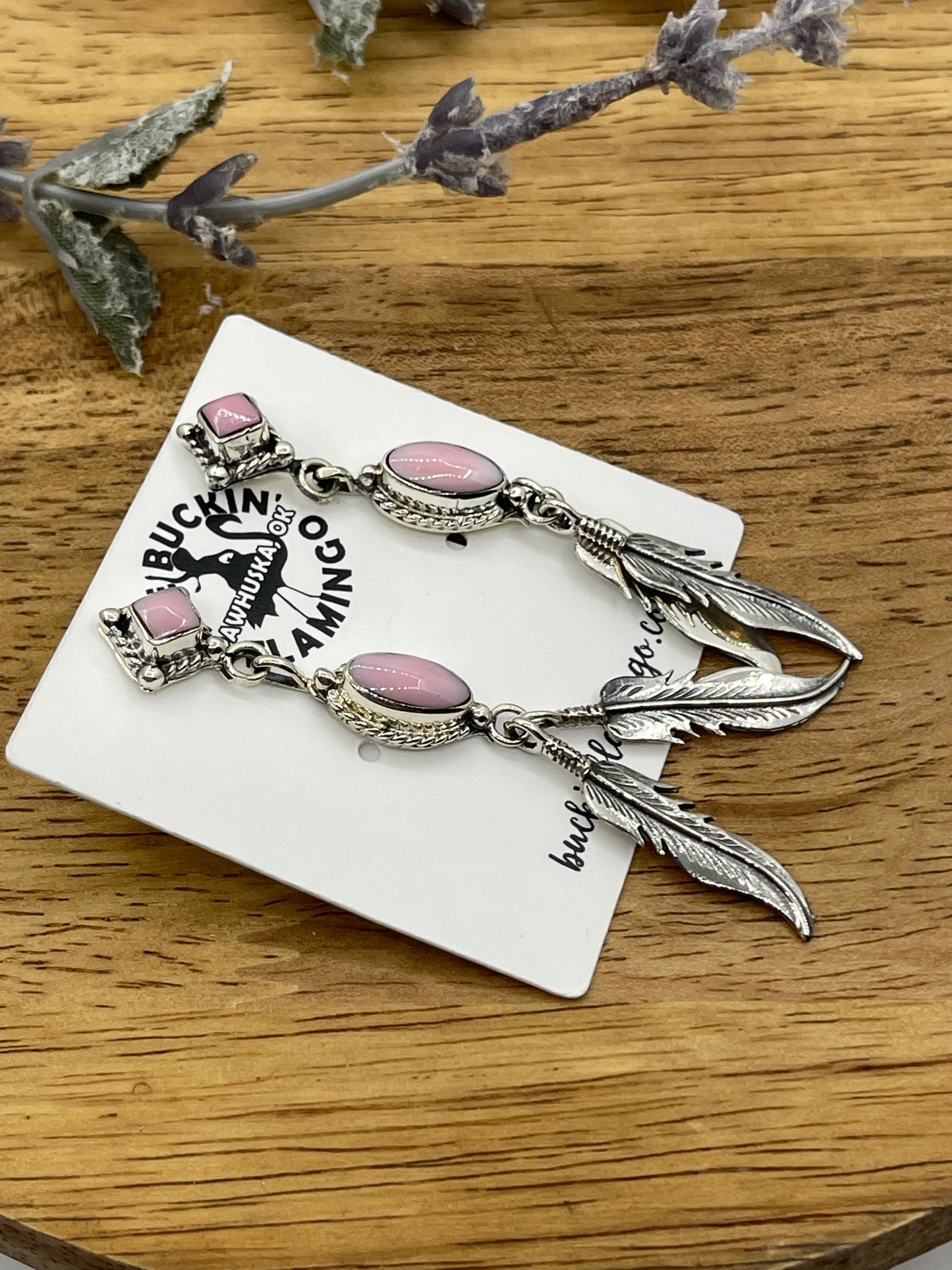 Pink Conch Shell Double Feather Dangle Post Earrings by Sadie Jim, Navajo