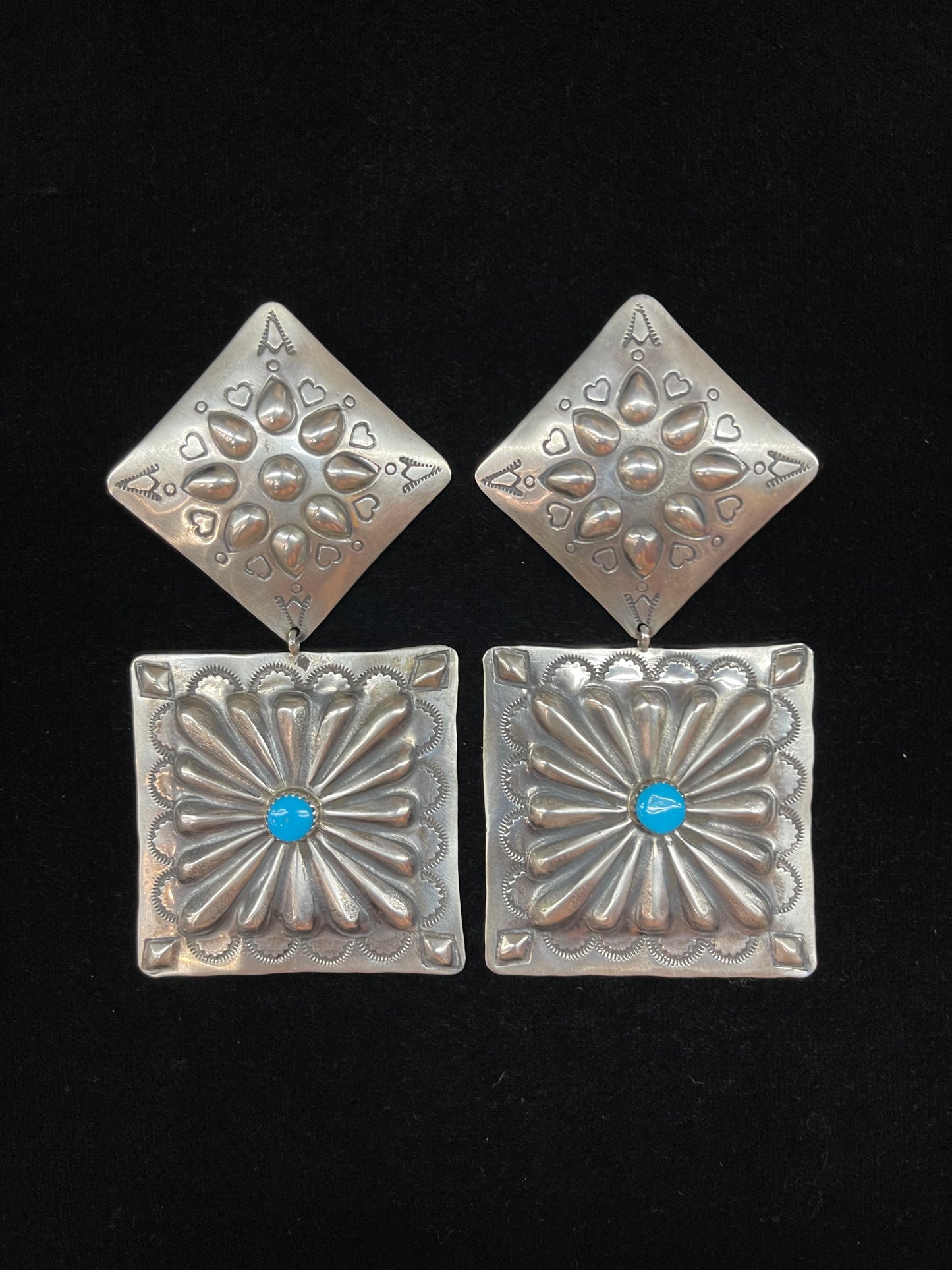 Large Stamped Sterling Silver Concho Dangle earring with Sleeping Beauty Turquoise by Rose Lincoln, Navajo