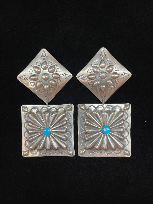 Large Stamped Sterling Silver Concho Dangle earring with Sleeping Beauty Turquoise by Rose Lincoln, Navajo