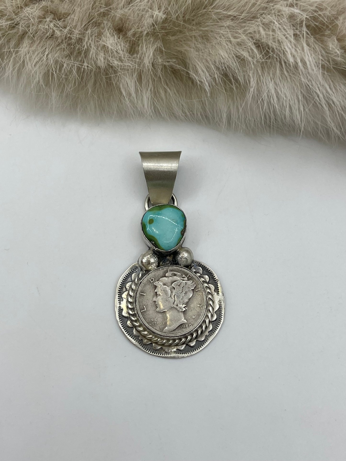 1940 Silver Mercury Dime with Sonoran Gold Turquoise by Harold Joe, Navajo