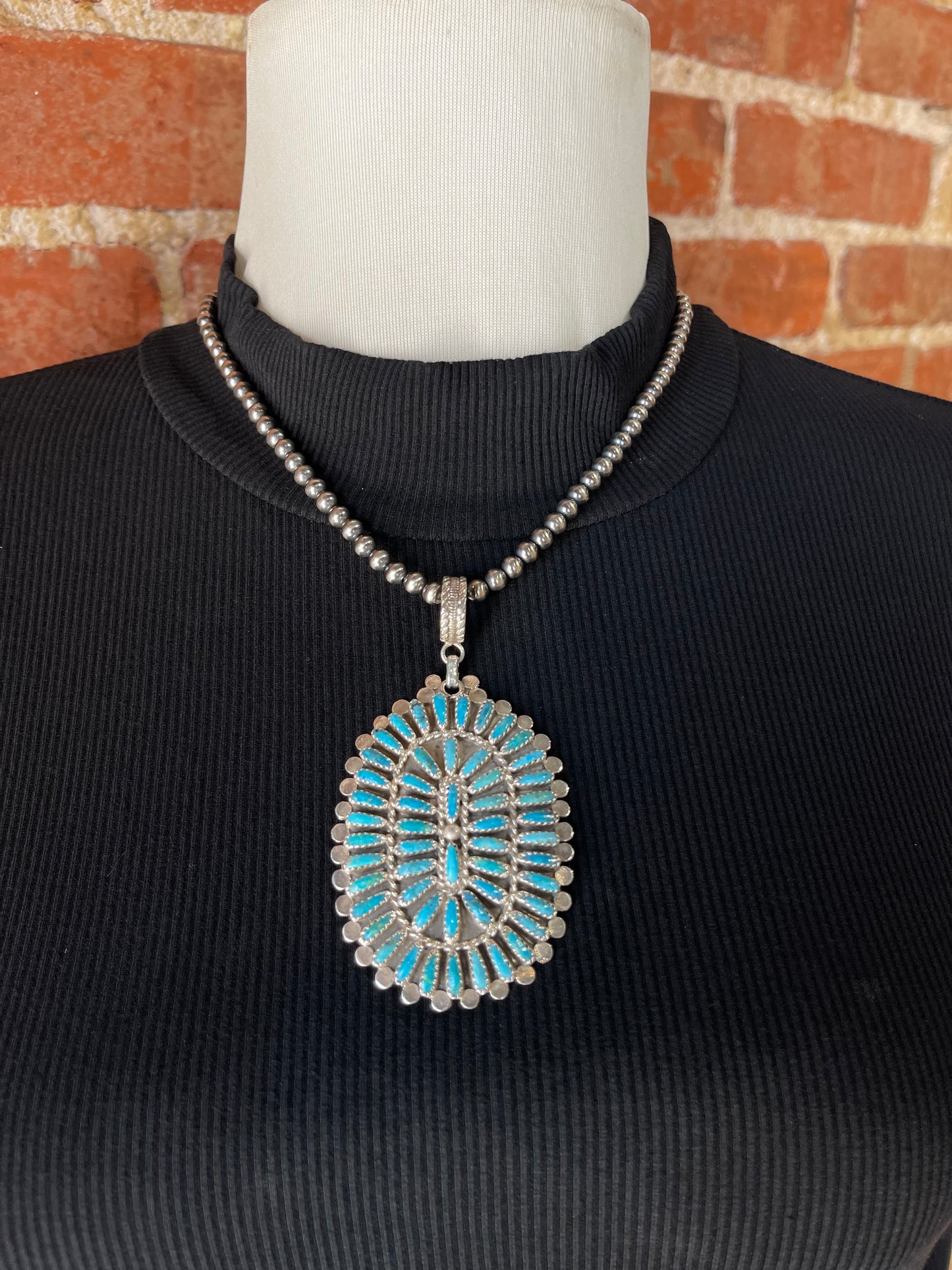 18" 5mm Navajo Pearls with a Turquoise Cluster Pendant by Louise ByJoe, Navajo
