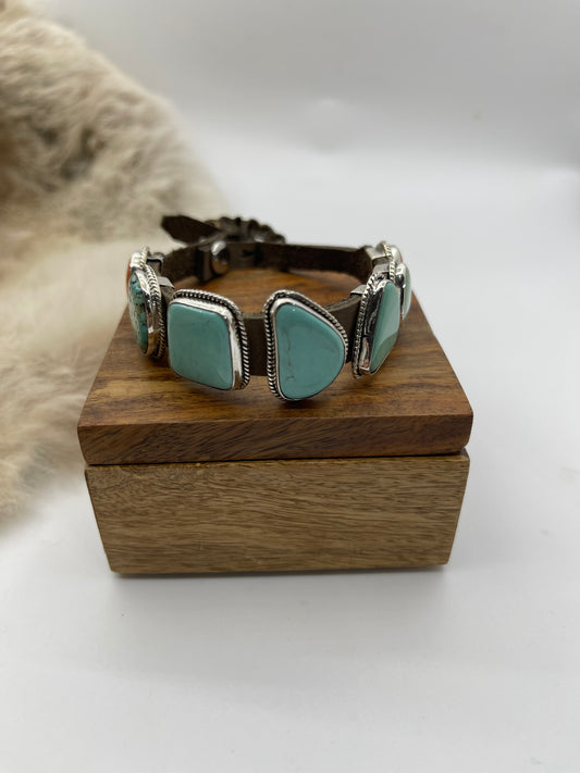 6.25”-9” 7 Stone Turquoise & Spin Oyster Bracelet on Leather by “BW”, Navajo